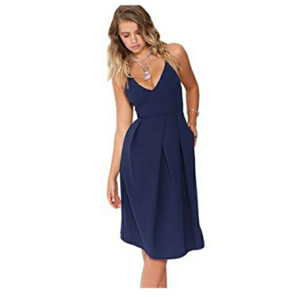 NEW Elia Cher Blue Spaguetti Strap Sexy Open Back Pocket Dress Size L
